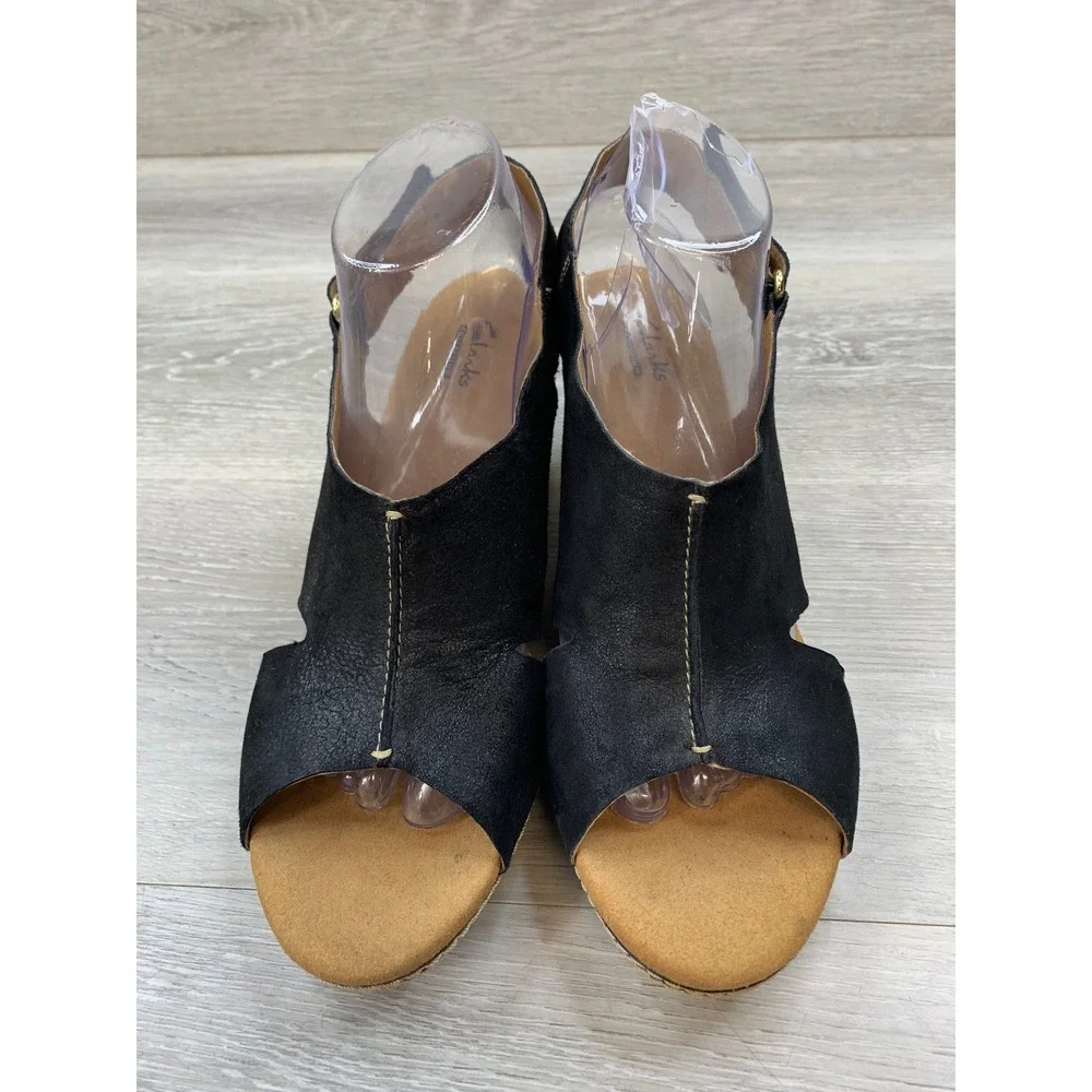 Clarks Collection Women's Sandals Black Leather‎ Cork Wedge 10 Comfort Shoes
